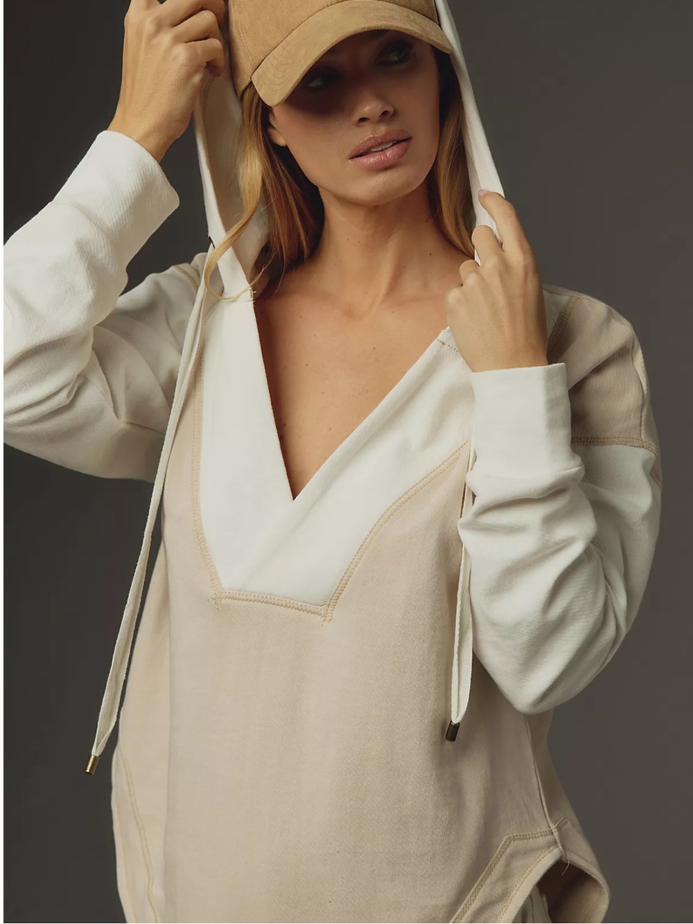 Pilcro Two-Tone Cream and White V-Neck Hoodie